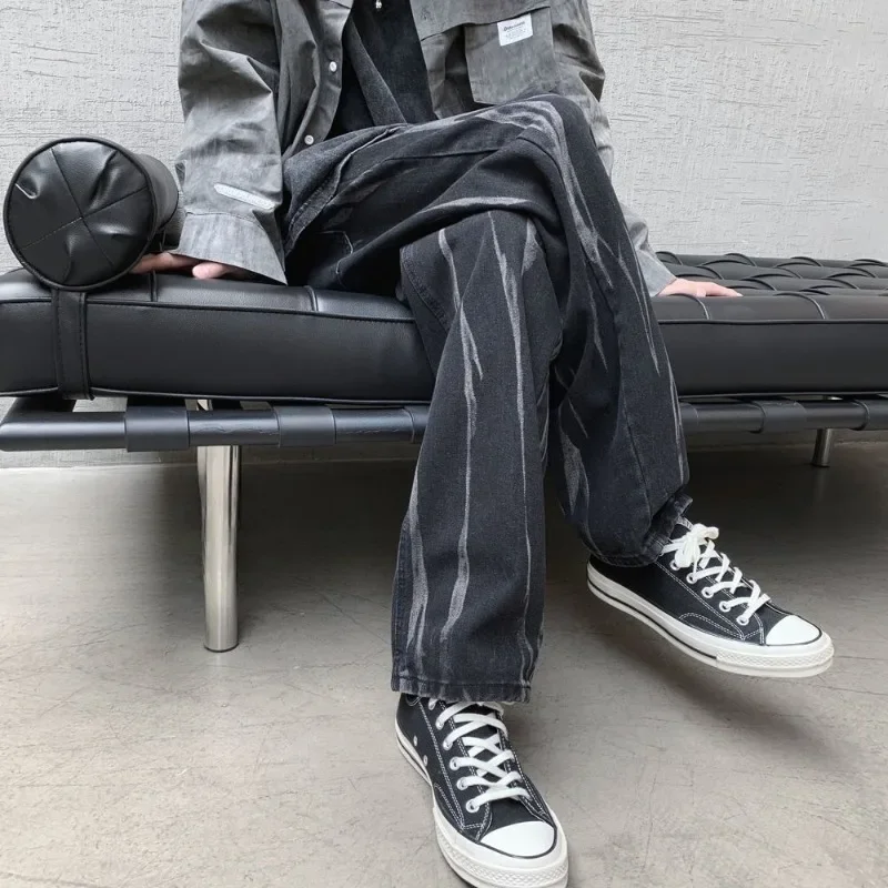 

Straight Men's Jeans Tie Dye Trousers Casual Xs Japanese Street Style Y2k Vintage Soft Stylish Kpop Washed Male Cowboy Pants