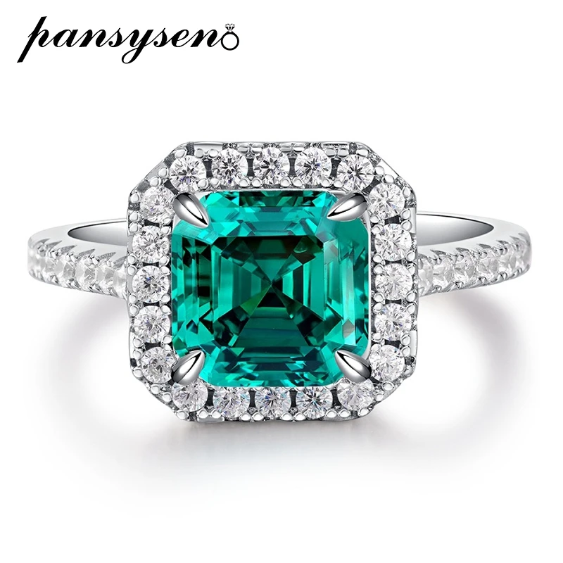 

PANSYSEN 925 Sterling Silver 3CT Asscher Cut Emerald Aquamarine High Carbon Diamond Ring for Women 18K White Gold Plated Jewelry