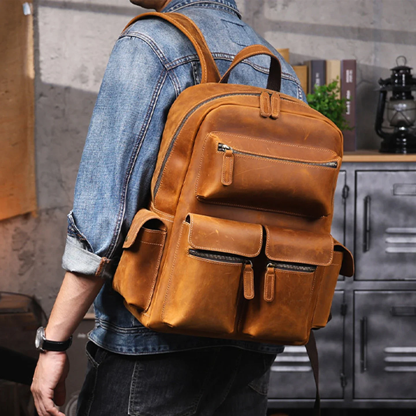 Premium Vintage Rugged Crazy Horse Top Grain Cowhide Men Backpack Large Capacity 15.6 Laptop Genuine Leather Travel Rucksack