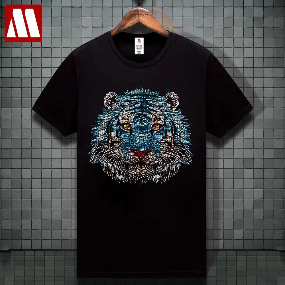 Men\'s Brilliant Tiger Diamond T-Shirt For Men Cotton Short Sleeve Rhinestone 3D Print T Shirts Tops Tee Fashion Man Clothes