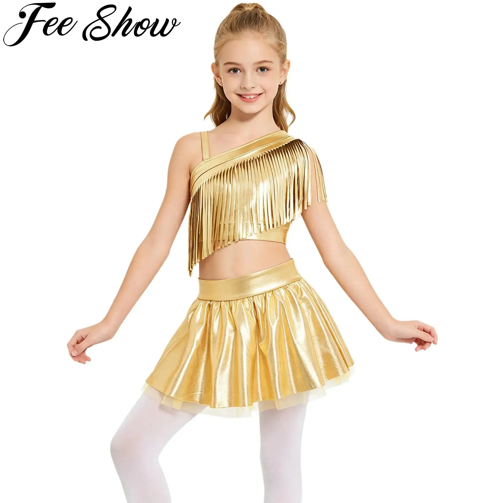Kids Girls Tassels Jazz Hip Hop Dance Outfit Asymmetrical Shoulder Metallic Shiny Crop Top with Skirt Cheerleading Stage Costume