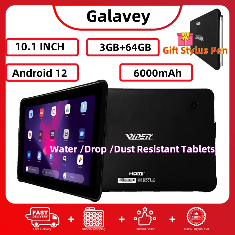 Gift Stylus Pen Type-C 10.1'' Android 12 Water /Drop /Dust Resistant Tablets 3GB RAM 64GB ROM Dual Camera HDMI Port 6000mAh Z11