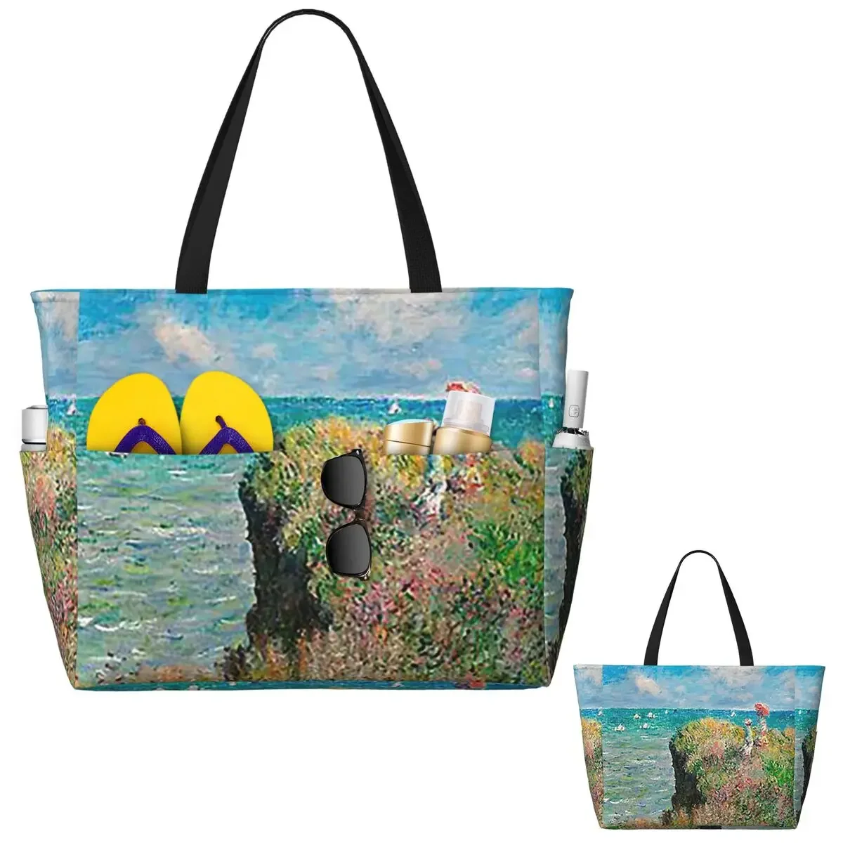 

1882-Claude Monet-Cliff Walk At Pourville Beach Tote Bag Sport Gym Yoga Duffle Large Tote Bag Women Travel Bag Fitness bag