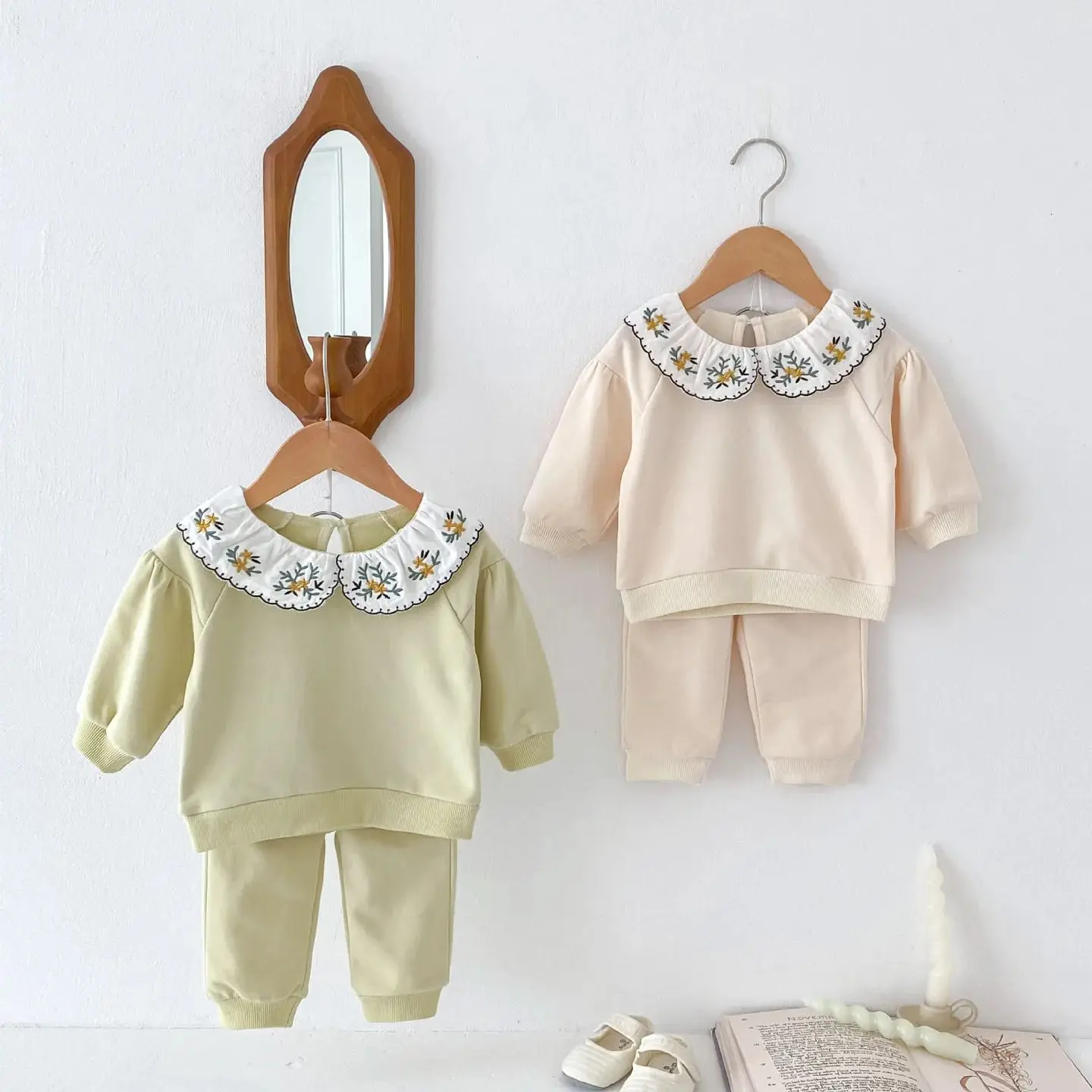 

Baby Clothing Sets 2024 Autumn Girls Sweatshirt Suit Flower Embroidery Doll Collar Hoodie+Sweat pants 0-4Y Toddler Kids Outfit