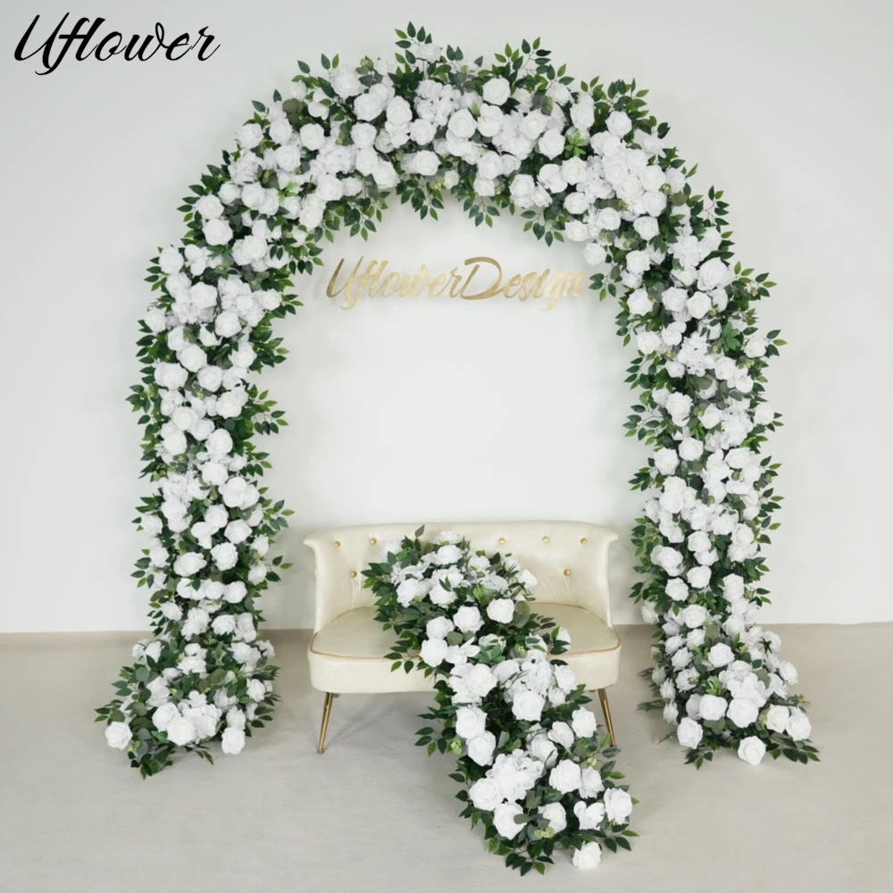 

Uflower Luxury White Rose Green Leaf Flower Row Arrangement Wedding Backdrop Arch Decor Floral Row Runner Event Party Props