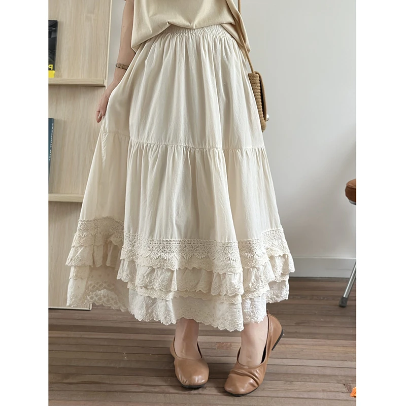 2026 New Arrival Spring/summer Korean Style Women Loose Casual A-line Skirt Lace Patchwork 100% Cotton Mid-calf Skirts T89