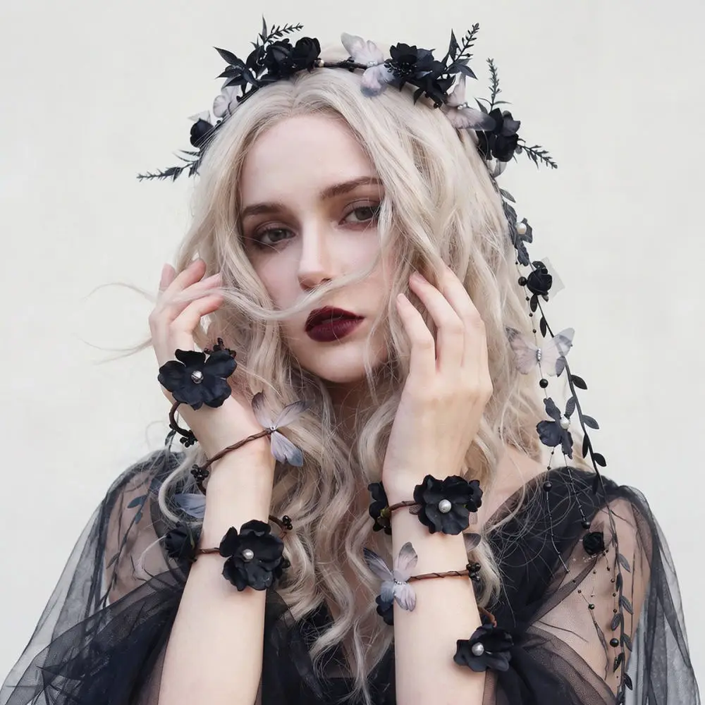 Gothic Vine Wreath Bracelet Set Halloween Party Headband Dark Style Pearl Tassel Garland Jewelry Accessory For Women Photography