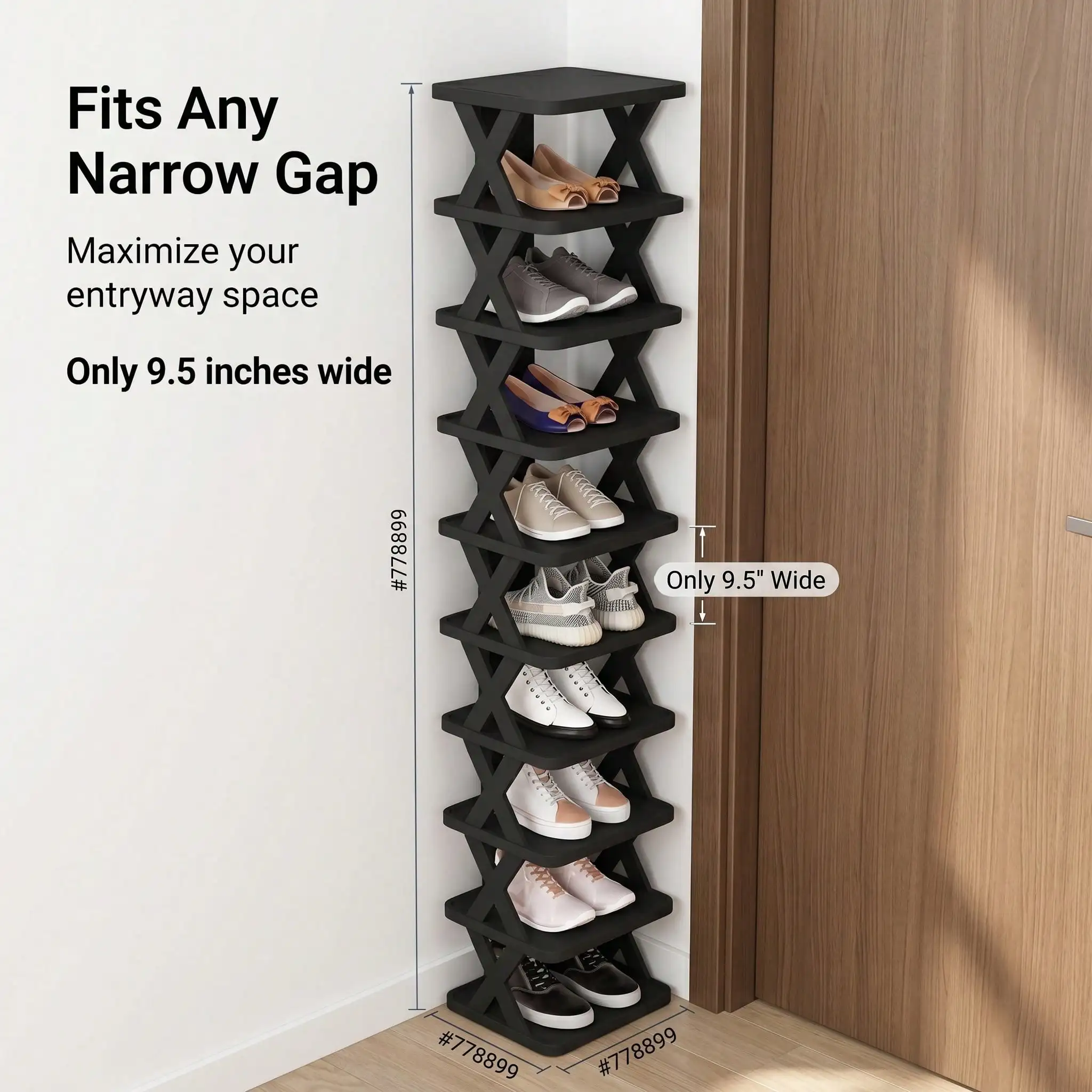 9Tier Vertical Shoe Stand Space Saving Narrow Shoe Rack, Small Shoe Shelf, DIY Free Standing Shoe Storage Cabinet For Entryway, Closet, Hallway, Easy Assembly And Stable In Structure, Black &White Shoe Rack, Plastic Material, Consumables