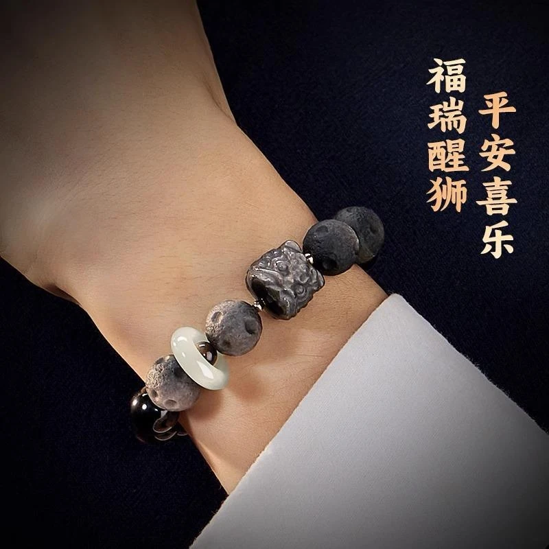 Natural silver obsidian men, style lion dance bracelet, Hetian jade running ring accessory
