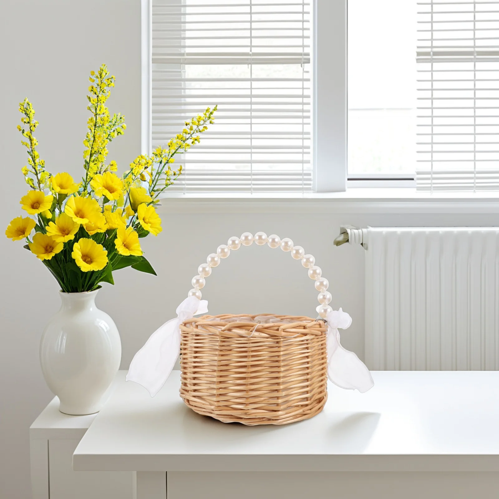 

Pearl Handle Flower Basket Elegant Wicker Girls Basket for Plants Indoor Planters MultiPurpose Storage Home Decor