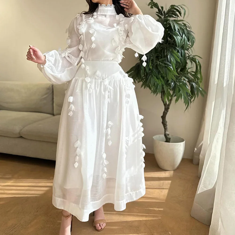 

Elegant A-Line Ankle Length High Neckline Jersey Long Sleeves Appliques Evening Dress Classic Photo Color vestidos de fiesta