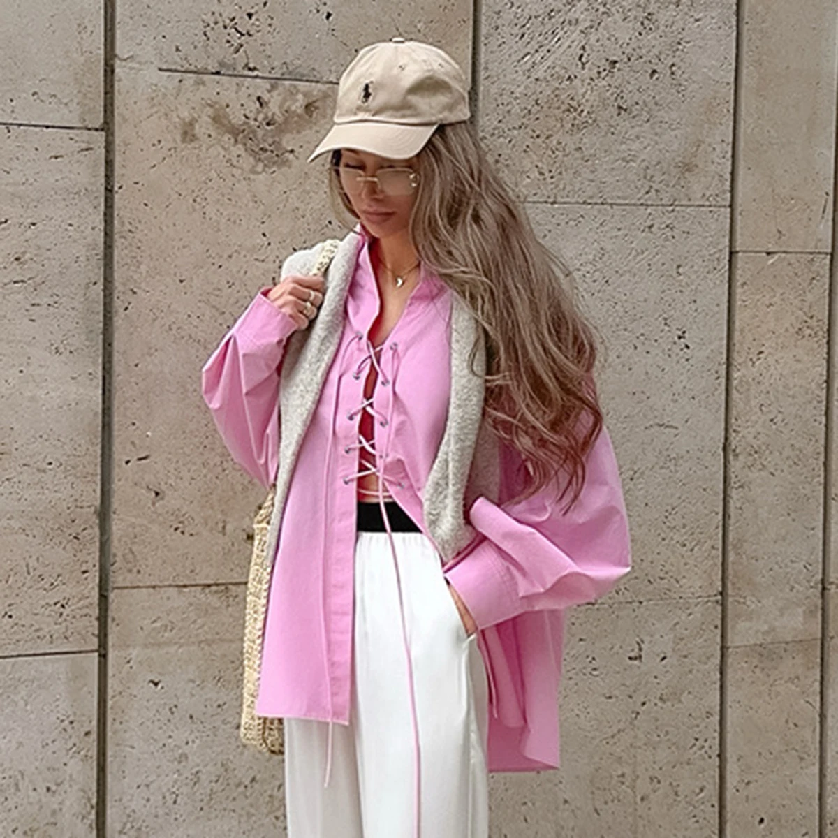 

Cross-Tie Front Fashion Shirt Women Summer Long Sleeve Loose Shirts Blouses Female Elegant Casual Tops Shirts Streetwear 2025