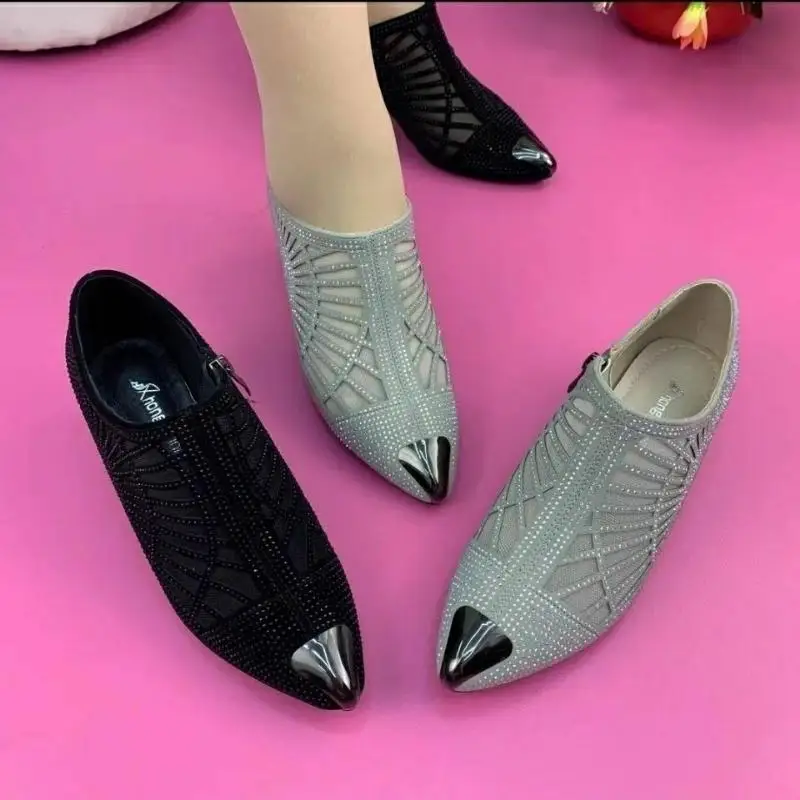 Hollowed Out Mesh Bling Pumps Pointed Toe Sandals Women\'s Work Shoes Breathable Low Heel Korean Fashion Novelty Drop Shipping