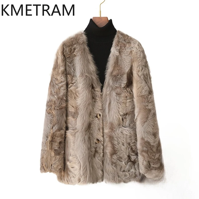 100% 천연 양모 양가죽 양면 모피 재킷 여성용 럭셔리 우아한 브이넥 리얼 퍼 코트 여성 겨울 의류 2025