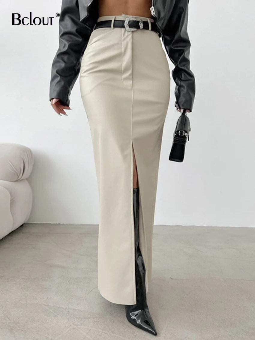 

Bclout Fashion Beige Slit Long Skirts Female Elegant Black Office Lady Pocket Slim Skirts Autumn High Waist Sexy Straight Skirts