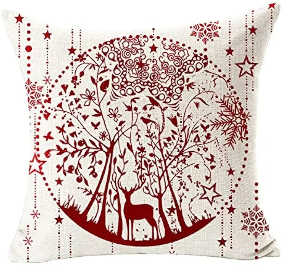 Merry Winter Christmas Red Snowflake Ball Snow Deer with Tree Linen Pillowcase Cushion Cover Decorative Sofa Living Room