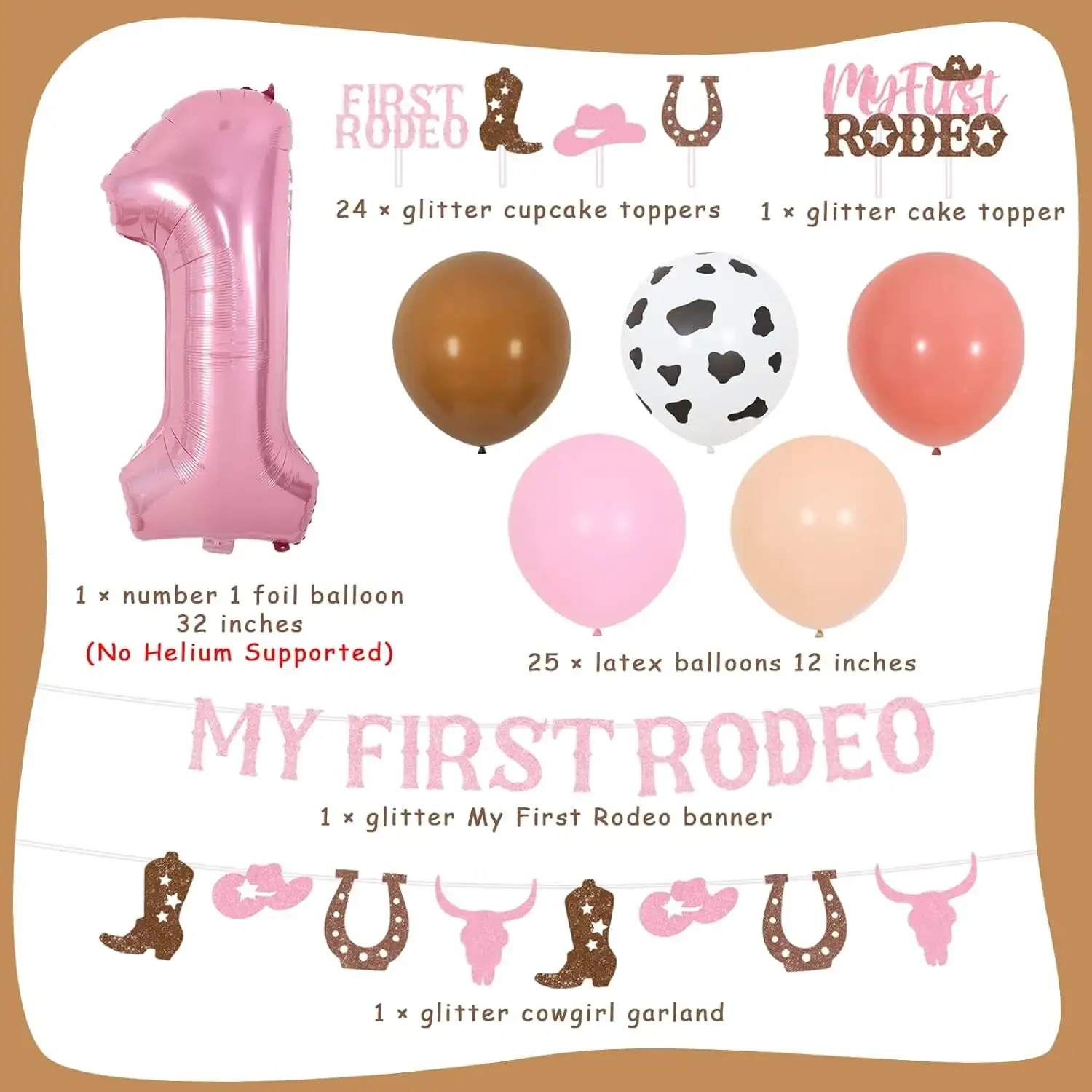 FANGLELAND First Rodeo Birthday Party Decorations,My First Rodeo Glitter Banner & Cake Topper for Girls, Cowgirl 1st Birthday