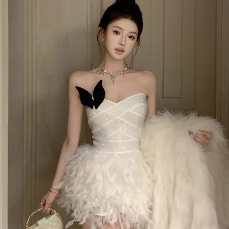 

Women's Tube Top Dress Elegant White Birthday Party Formal Fluffy Pettiskirt