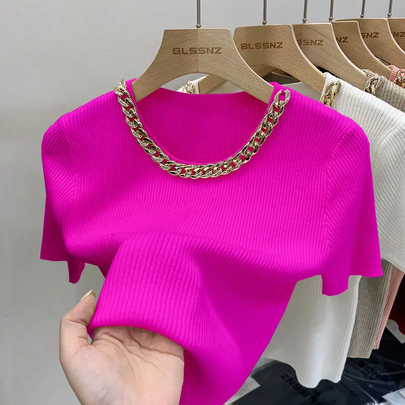 Neploe High End Short Sleeve Knitted T-Shirt 2024 Summer French Office Lady Style Westernized Tops Femme Chic Chain Neck Tees