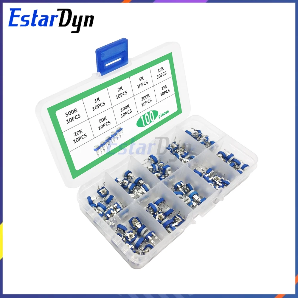 RM065 Комплект потенциометра обрезки 150 шт. 15 значений Ассортимент переменных резисторов с коробкой для ремонта электроники своими руками