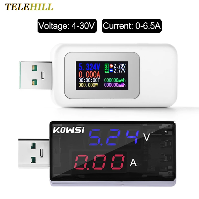 USB Tester Phone Charger Tester 4-30V Voltage DC Digital Voltmeter Ammeter 0-6.5A Color Screen Battery Power Indicator Detector