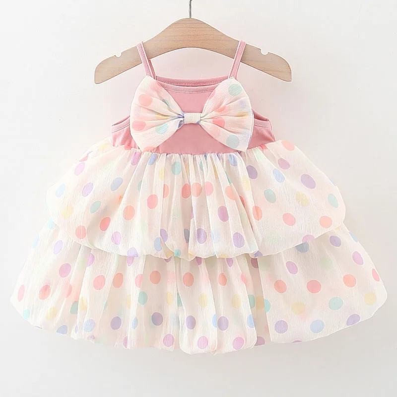 

2025 Summer Kids Girls Clothes Korean Pink Cute Dot Bow Princess Birthday Sleeveless Mesh Cotton Baby Dresses Toddler Dress B112