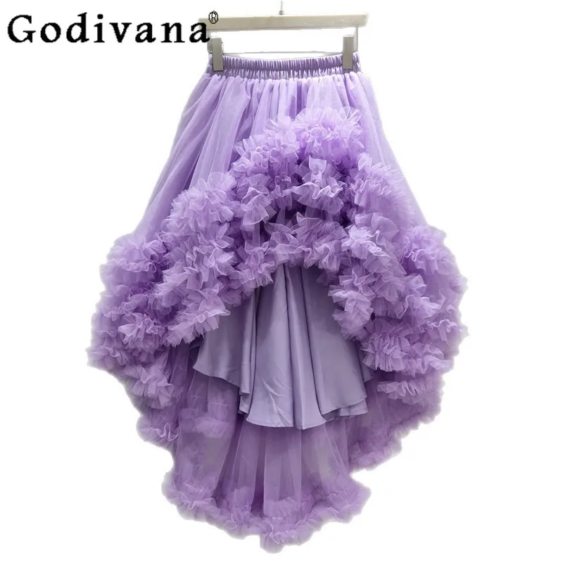 

Temperament French Romantic Comfortable Elastic Waist Sweet Gauze Skirt Sweet Girl Irregular Elegant Ruffles Fashion Cake Skirts
