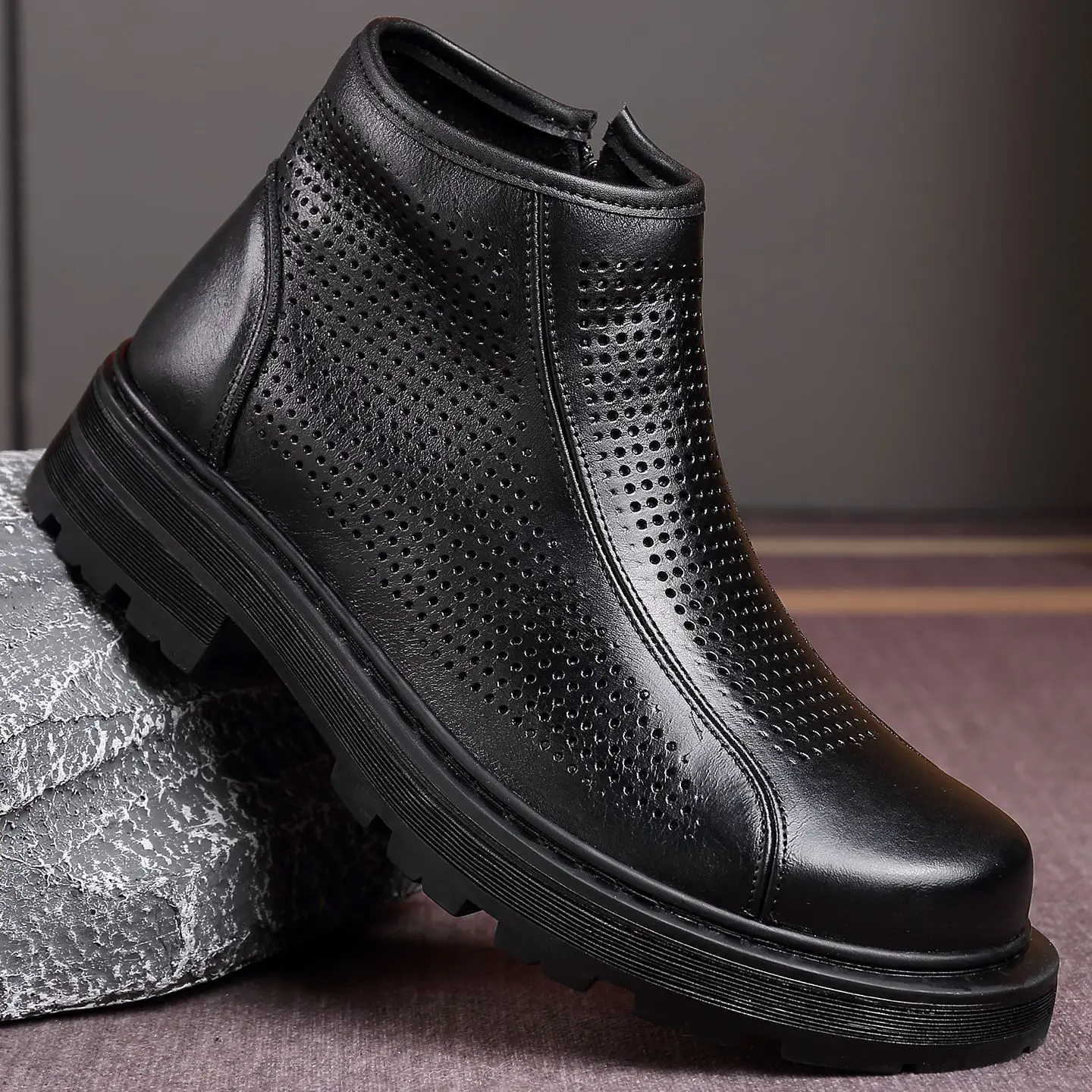 High Top Leather Shoes Men Hollow Breathable Business Office Casual Formal Work Dress Elegant Meeting Wedding Party Boots Zipper