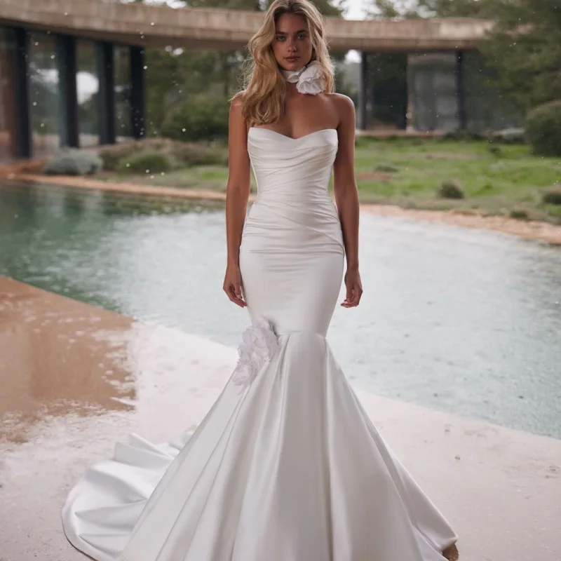 Satin White Elegant Sweetheart Ball Gown 3D Flower Decal Wedding Dress With Decoration Fishtail Bridal Gowns Customized