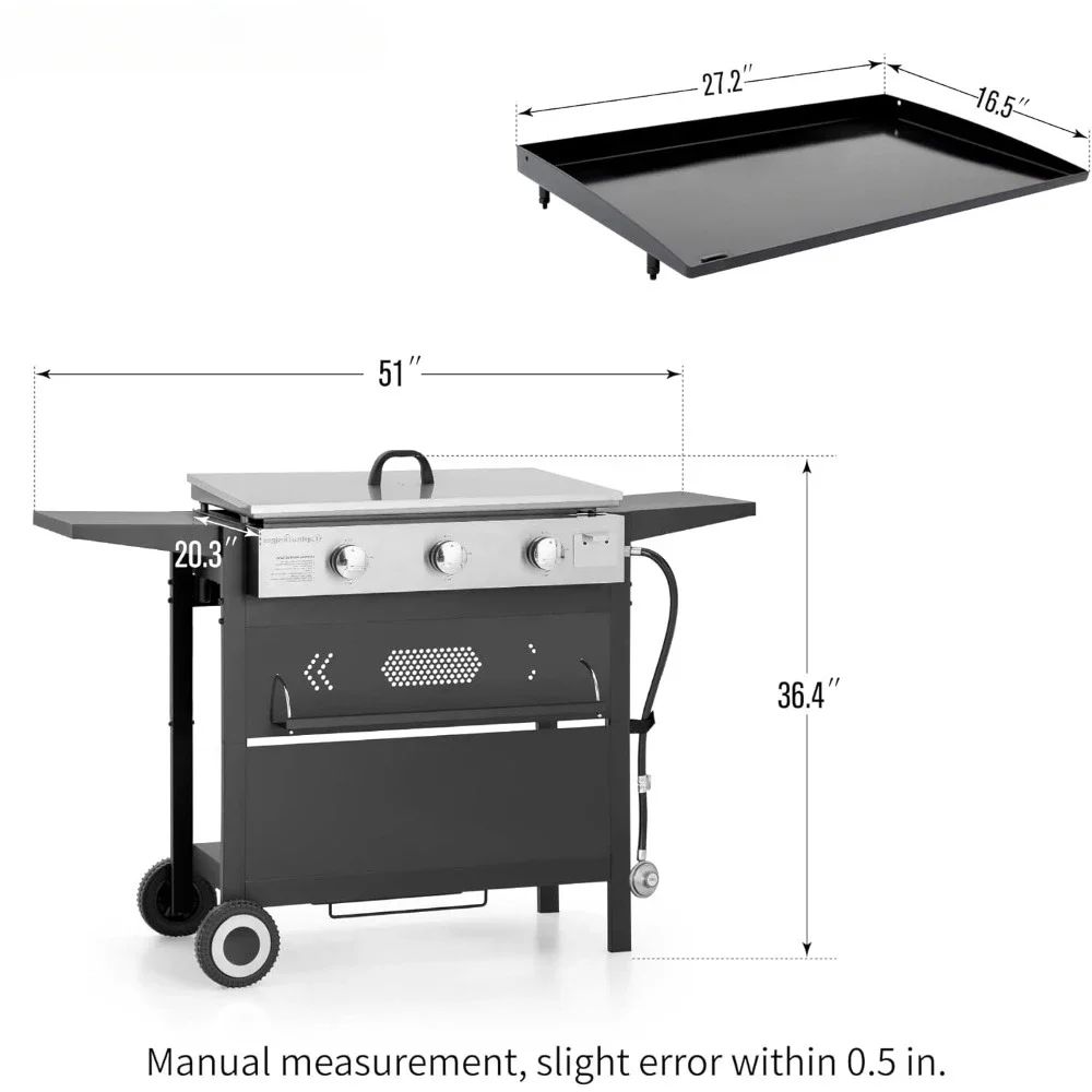 27 in Flat Top Grill with Ceramic Coated Cast Iron Pan, 3-Burner Propane Gas Griddle Grill, 33,000 BTU, Outdoor Barbecue grill