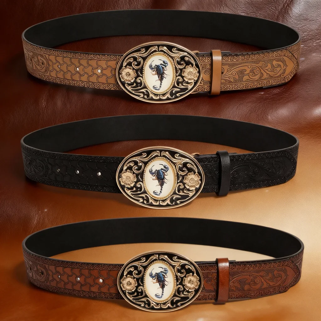 Men's multi-colored retro scorpion buckle dragon pattern embossed belt, a versatile accessory for everyday wear, parties