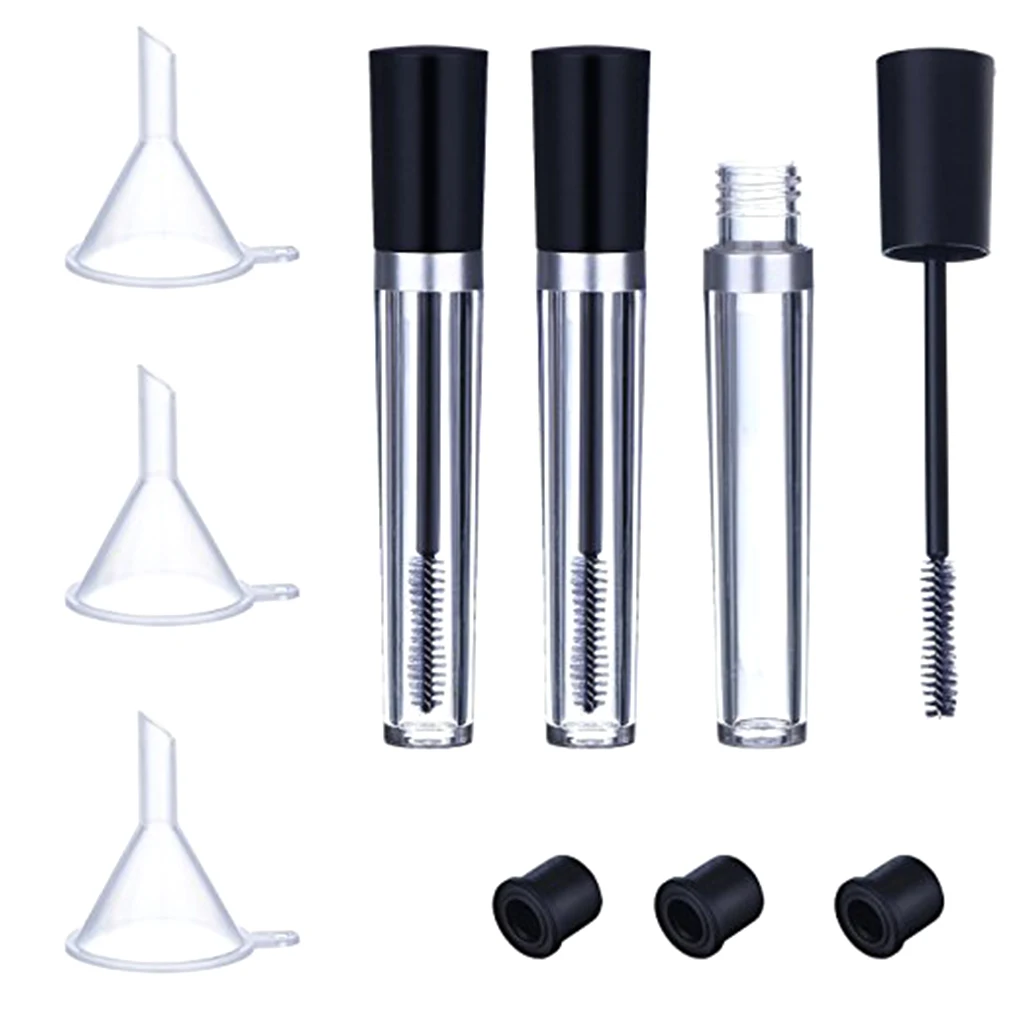 3pcs 7.5 ml Empty Mascara Tube with Eyelash Wand, Rubber Inserts and Funnels Set for Castor Oil, DIY Mascara Container with Cap