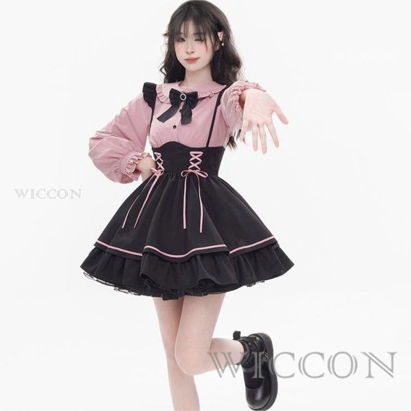 In Stock Jirai Kei Overall Dress Japanese Lolita Mine Style Pinafore Skirt Pink Kawaii y2k Kawai Sweet Bow Girly Belt Customized