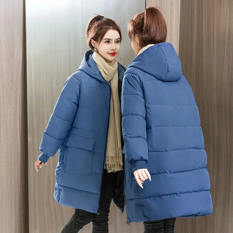 Women\'s Winter Down Cotton Jacket 2023 New Blue Hooded Parker Women Outerwear Thicke Warm Loose Mid Long Cotton Clothes Coat 8XL