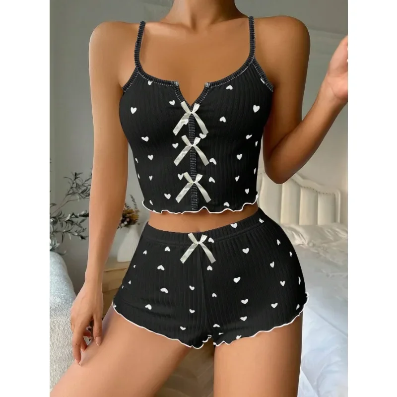 

Sexy Sleepwear Women Pajamas Set Heart Print Silk Stain V-Neck Sleeveless Casual Cami Top and Shorts Sets Home Suit Loungewear