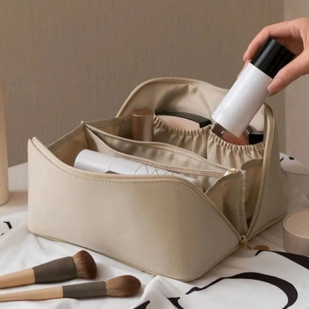 Portble Zipper Toiletry Kit Bag PU Leather Solid Color MakeUp Bag Organizer Bag Outdoor