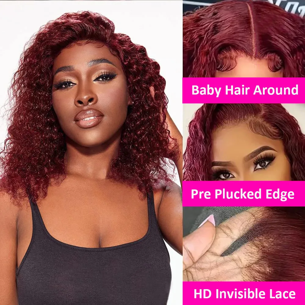 ウォーターウェーブ 13x4 レースフロント 人毛ウィッグ オンブレブロンド 99J バーガンディブラウン ジンジャー 人毛ウィッグ ショートボブ レミー カールウィッグ 200%