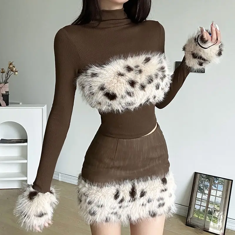 2 Sets Tops Leopard Fluffy Patchwork Long Sleeve T-Shirts+Mini Skirts Sexy Cool Y2k Chic Fashion Women High Waist Skirt Suit