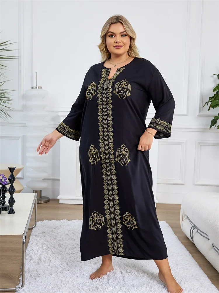 Embroidery Plus Size Long Sleeve Kaftan Beach Dress Bathing Suit Cover Up 2024 Women Summer Beachwear Moo Moo Dress Q1603