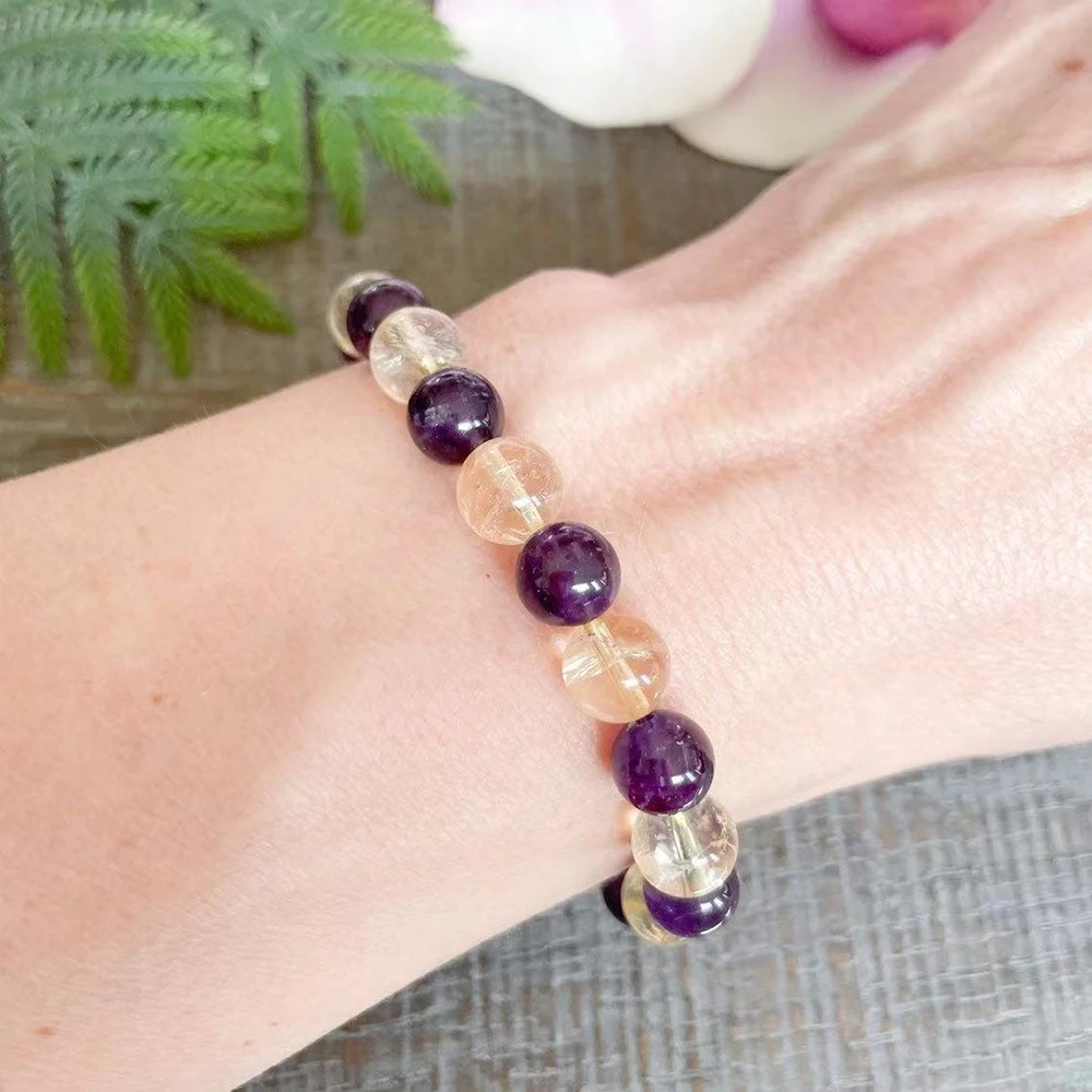 MG1553 Gold Rutilated Quartz Amethyst Beaded Bracelet Women`s Healing Crystals Balance Yoga Wrist Manifest Happiness Jewelry