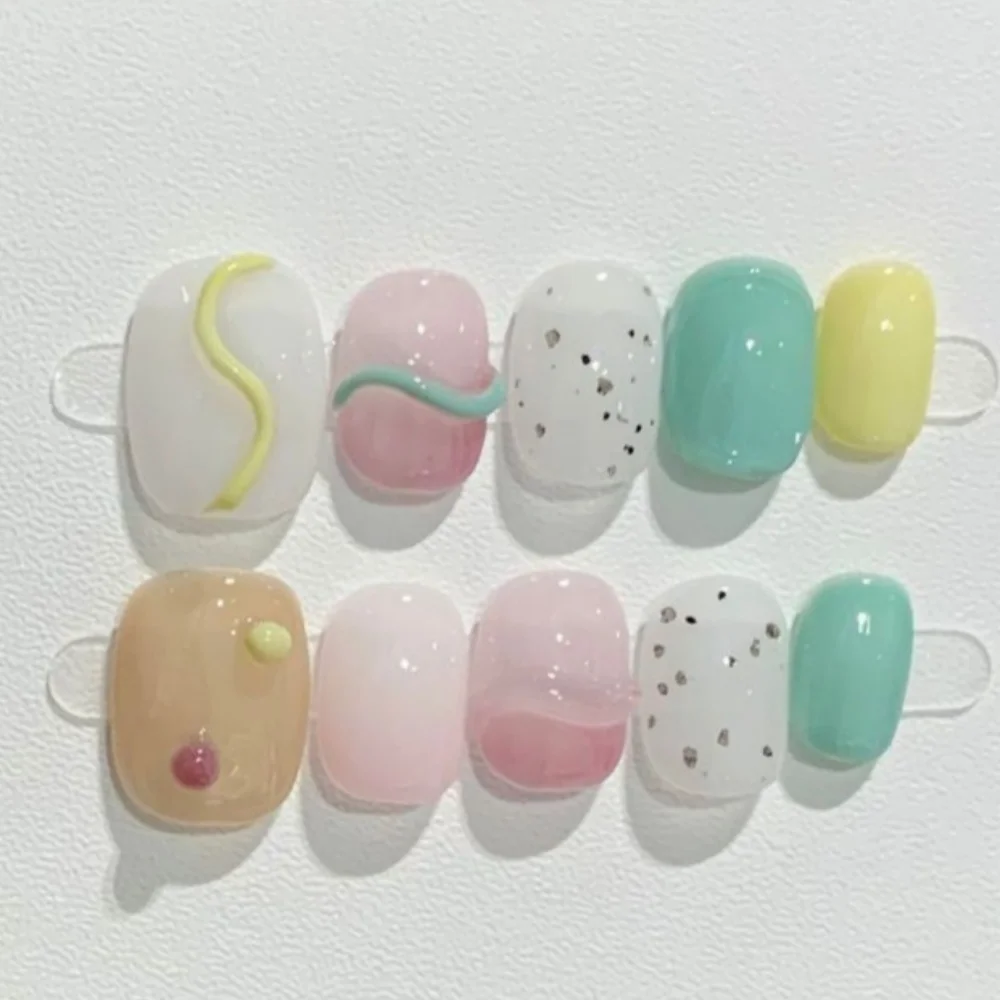 

10pcs Short Square Round Handmade False Nails Tip Summer Lines Smudge Design Fake Nail Art Wearable Nude Press on Nails Manicure