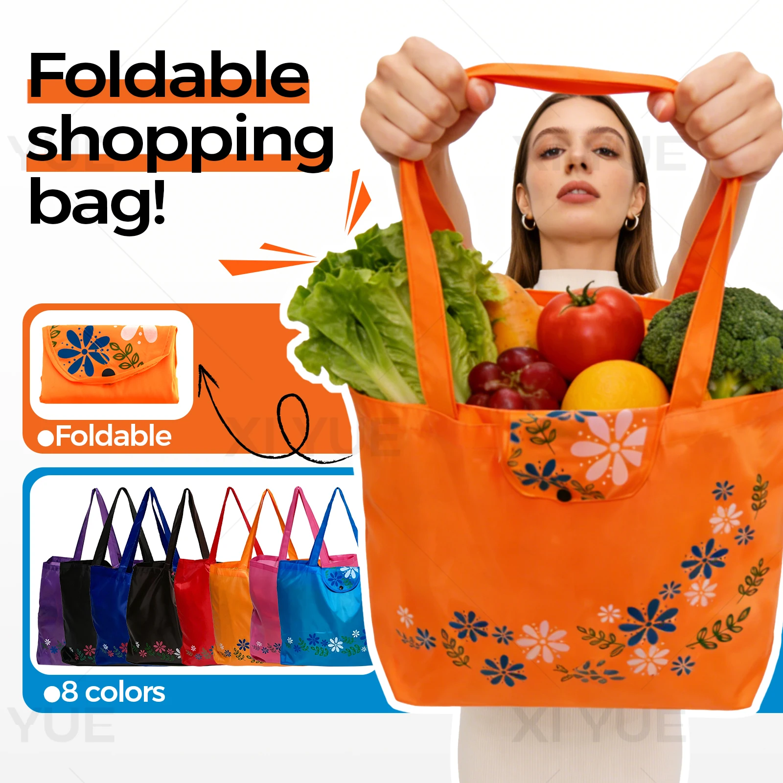Große, faltbare und leicht zu tragende Damenhandtasche, Einkaufstasche, Küchenaufbewahrungstasche, wiederverwendbare Polyestertasche.
