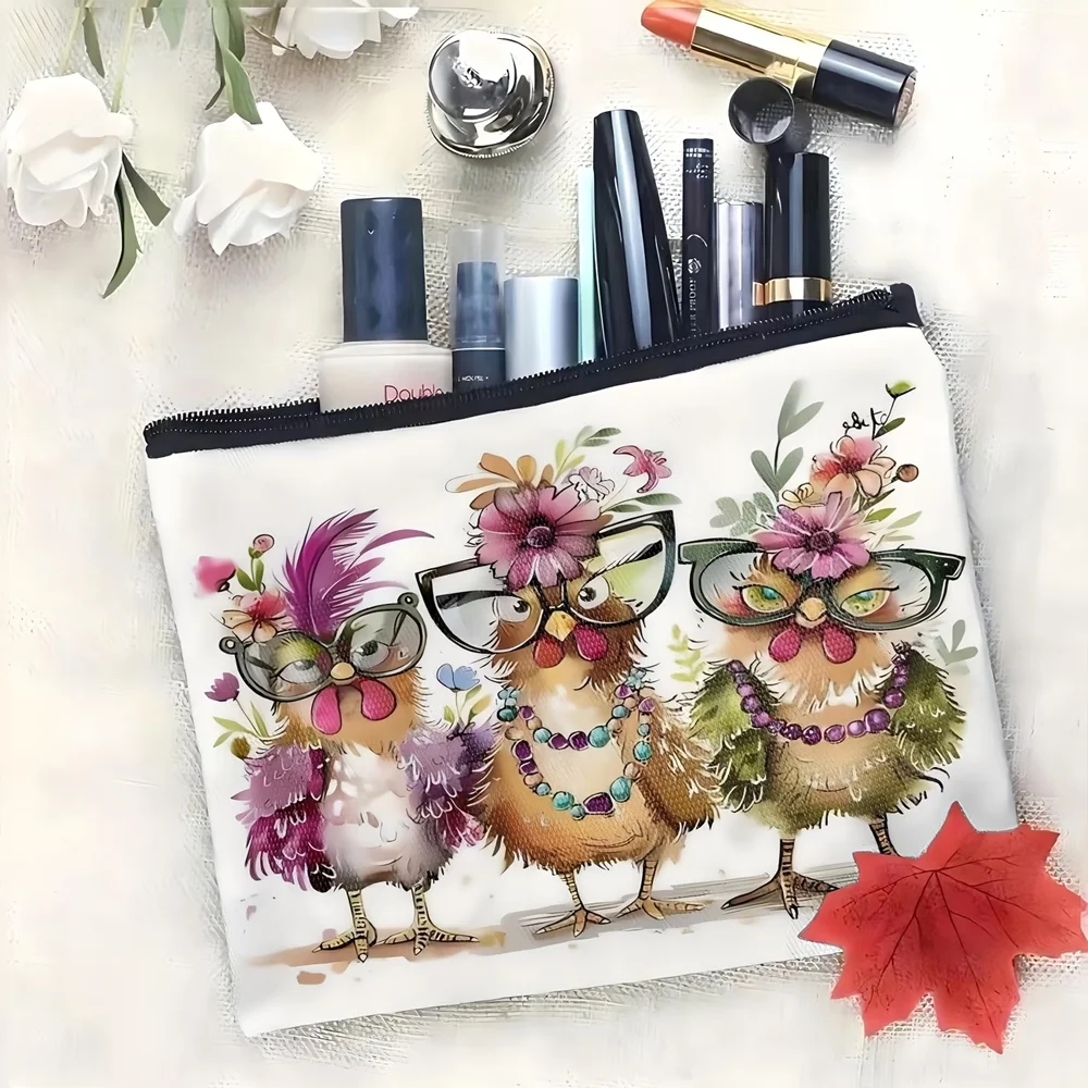 1Pc Colorful 3 Chickens Makeup Bag, Double-Sided HD Print, Odorless Zipper Pouch for Women, Birthday Christmas Graduation Gift