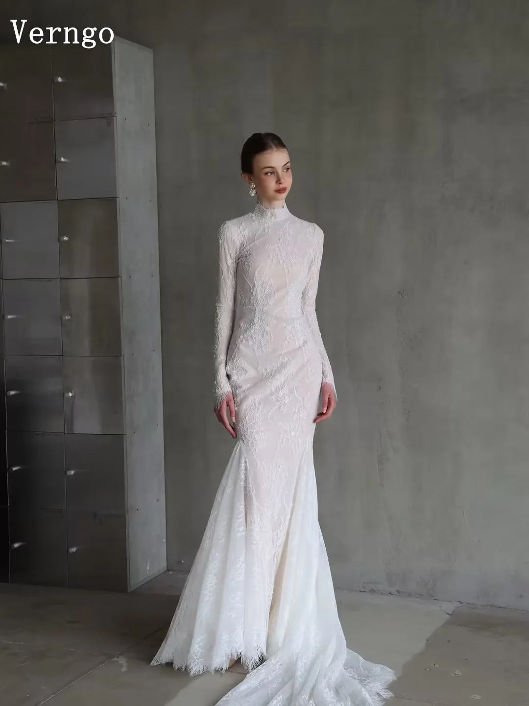 Verngo Luxury Lace Wedding Dress High Neck Full Sleeves Mermaid Prom Bridal Gowns Elegant Modern Bride Dresses Customized