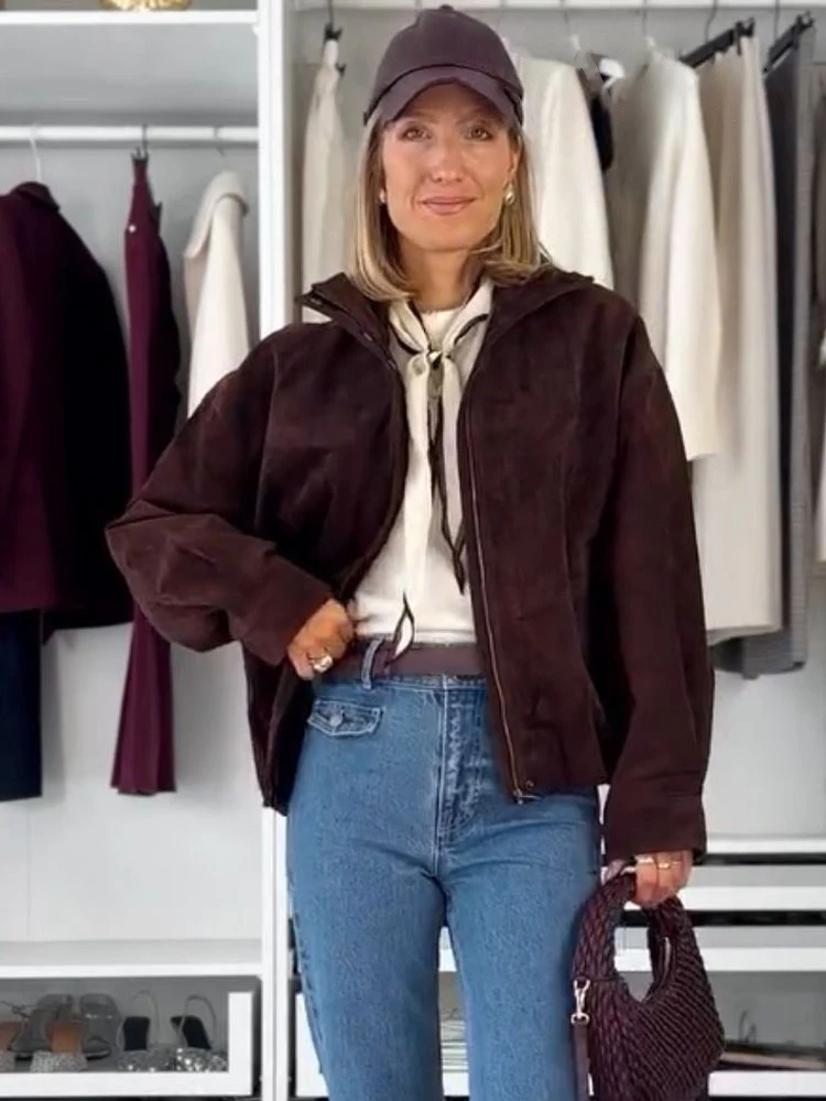 HH Autunno Donna Collo alto Tasca con cerniera Design Maniche lunghe Giacche corte casual Moda femminile Cappotti slim stile street allentato