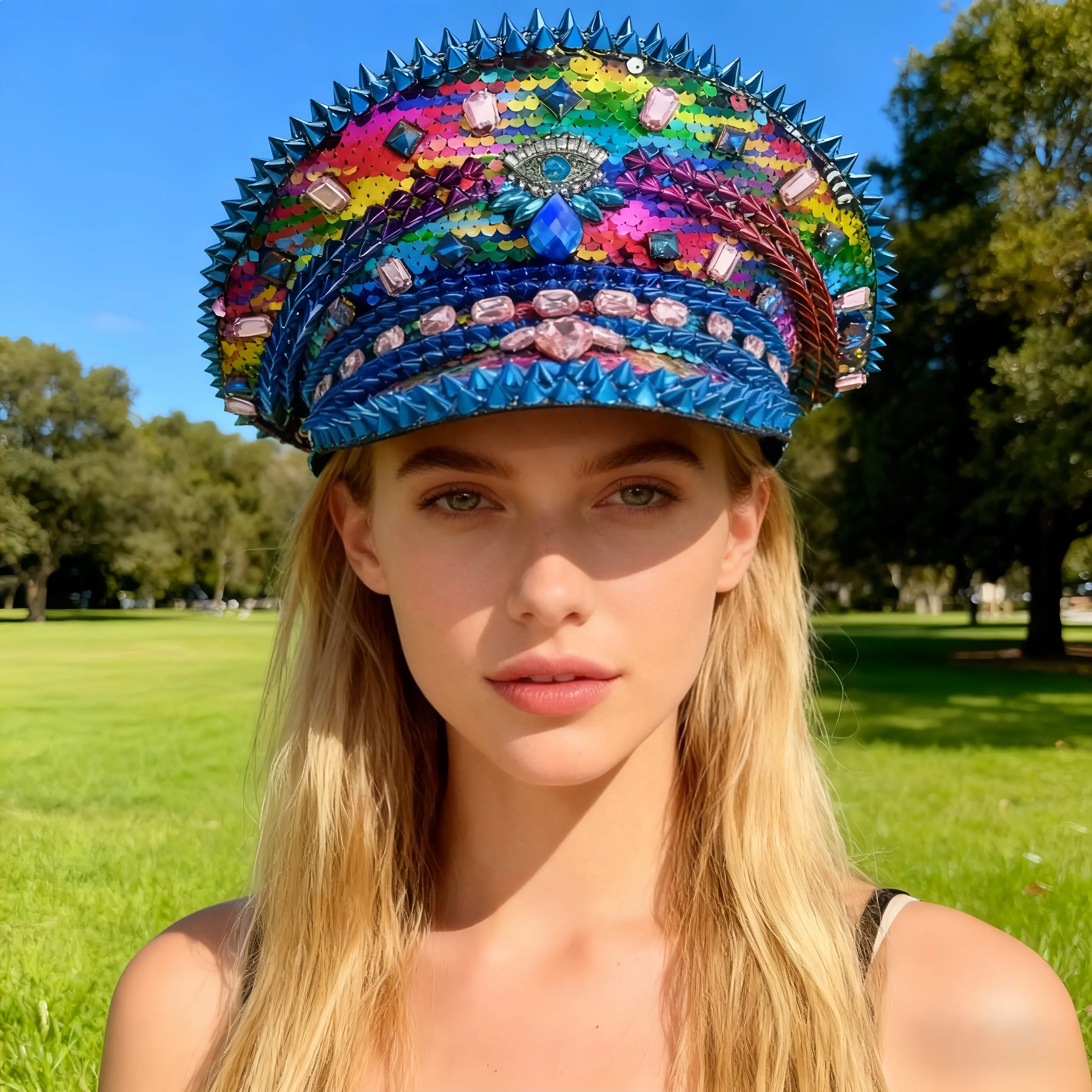 

HongLuan Yellow Laser Leather Loop Captain Hat Rhinestone & Military Caps for Woman, Rave Festivals Accessories ＆ Party Cap Man