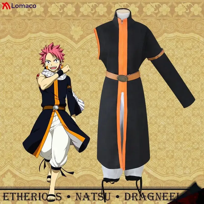 Anime Etherious Natsu Dragneel 코스프레 의상 스카프 가발 요정 블랙 롱 트렌치 남성 여성 할로윈 카니발 파티 정장 복장
