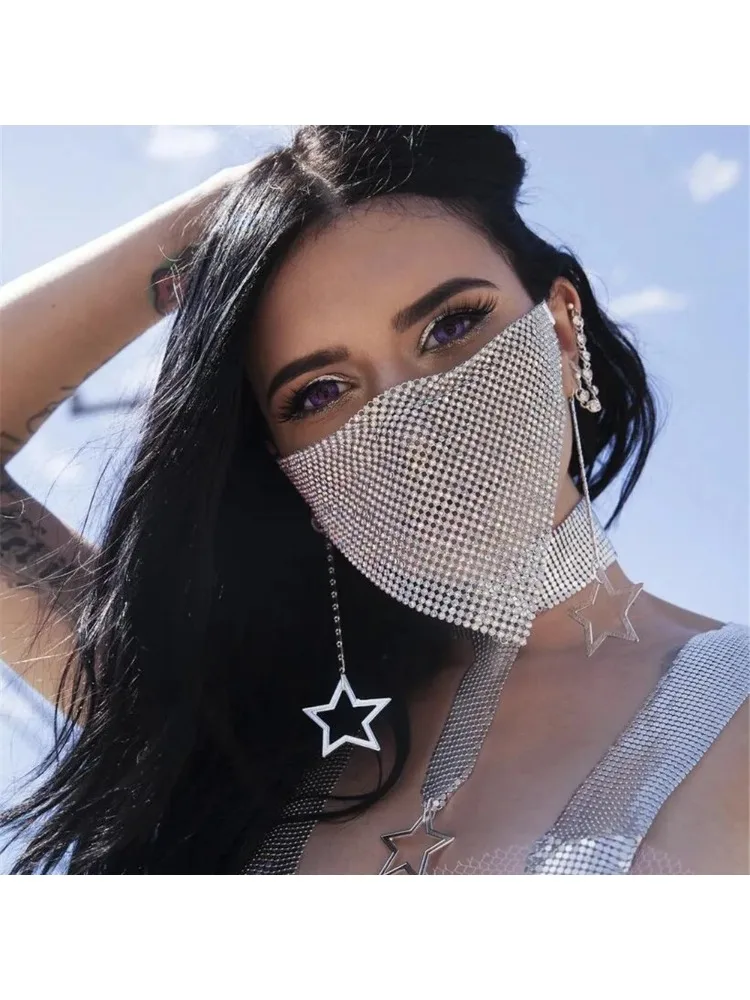 

Fashionable rhinestone trendy decorative new style women's summer cross-border metal ear-shaped plain-color personalized women's mask