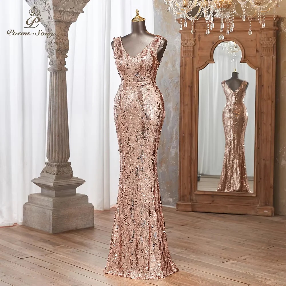 

Customized Women's Sequin V-Neck Slim Fit Sleeveless Glitter Mermaid Prom Evening Dress for Special Events vestidos de noche