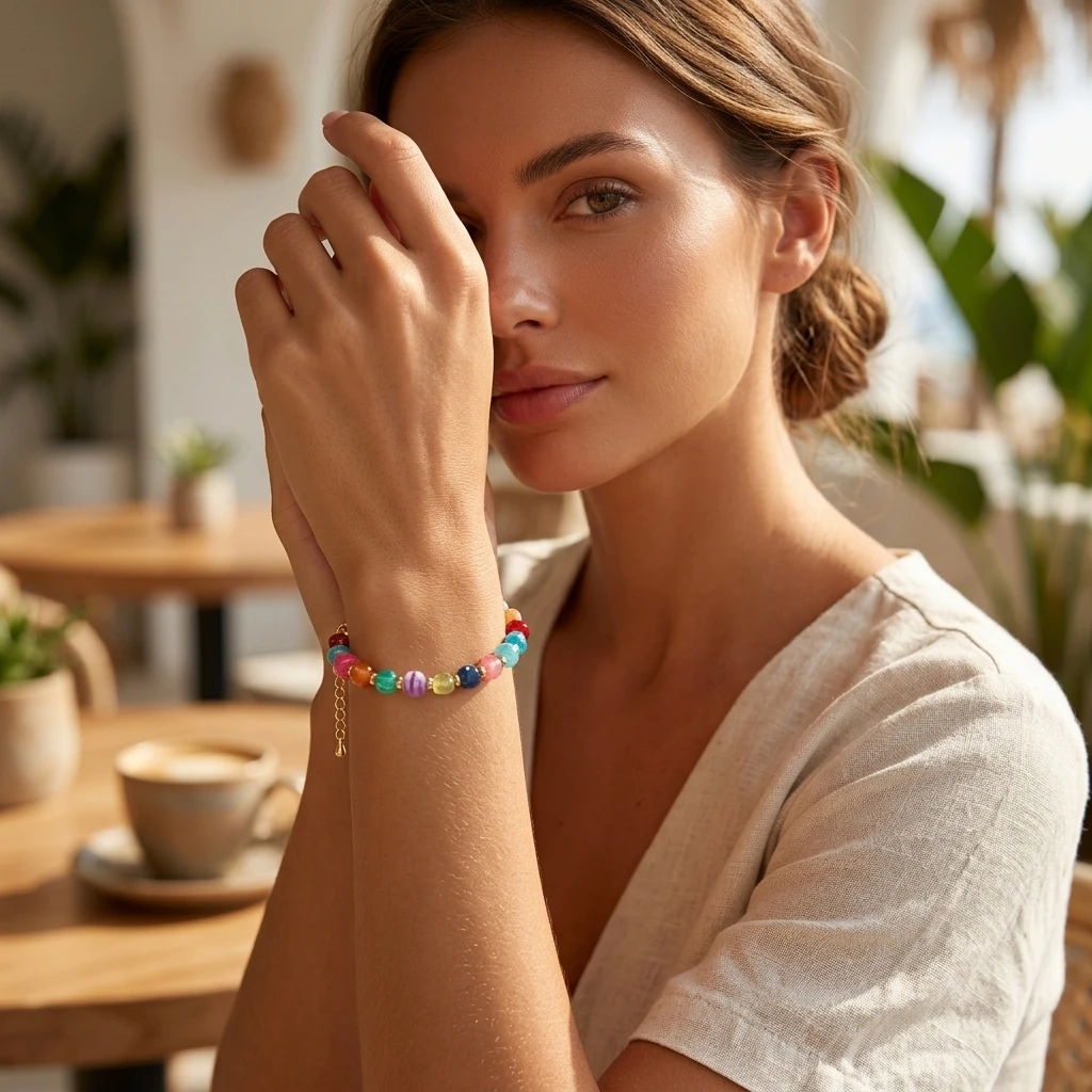 1pc Colorful Round Resin Beaded Bracelet with Copper Lobster Clasp Bohemian String Bracelet for Women Casual Outfit